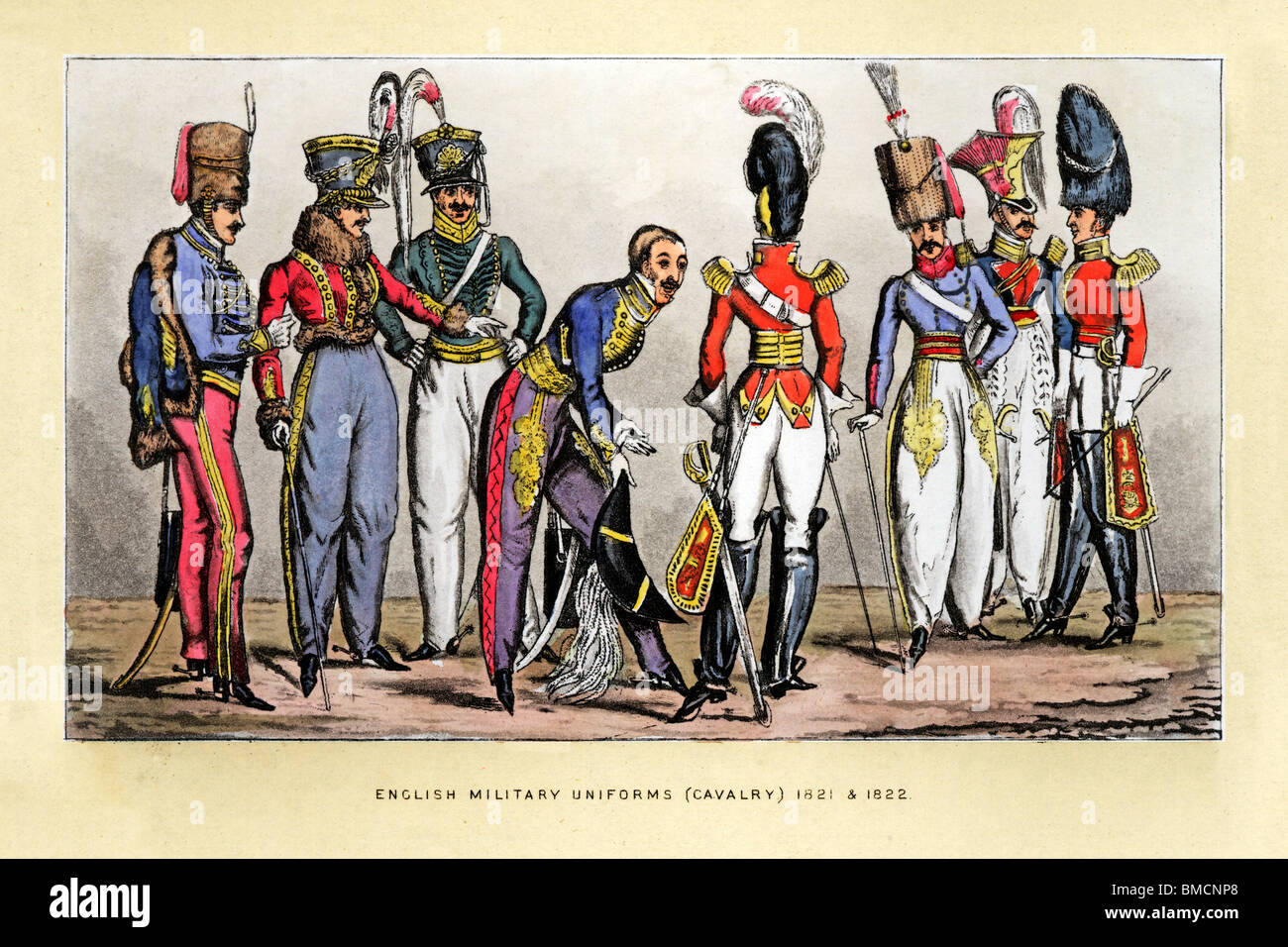 English Cavalry Uniforms, 1822 print of the fancy uniforms of officers parading their finery to each other Stock Photo