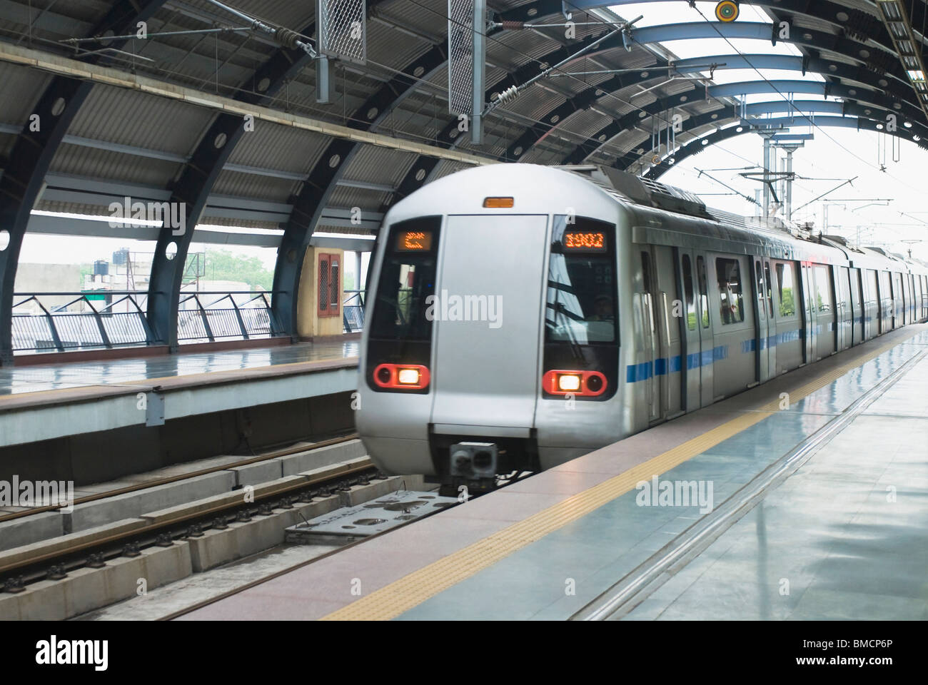 Subway train moving on a subway station, New Delhi, India Stock Photo