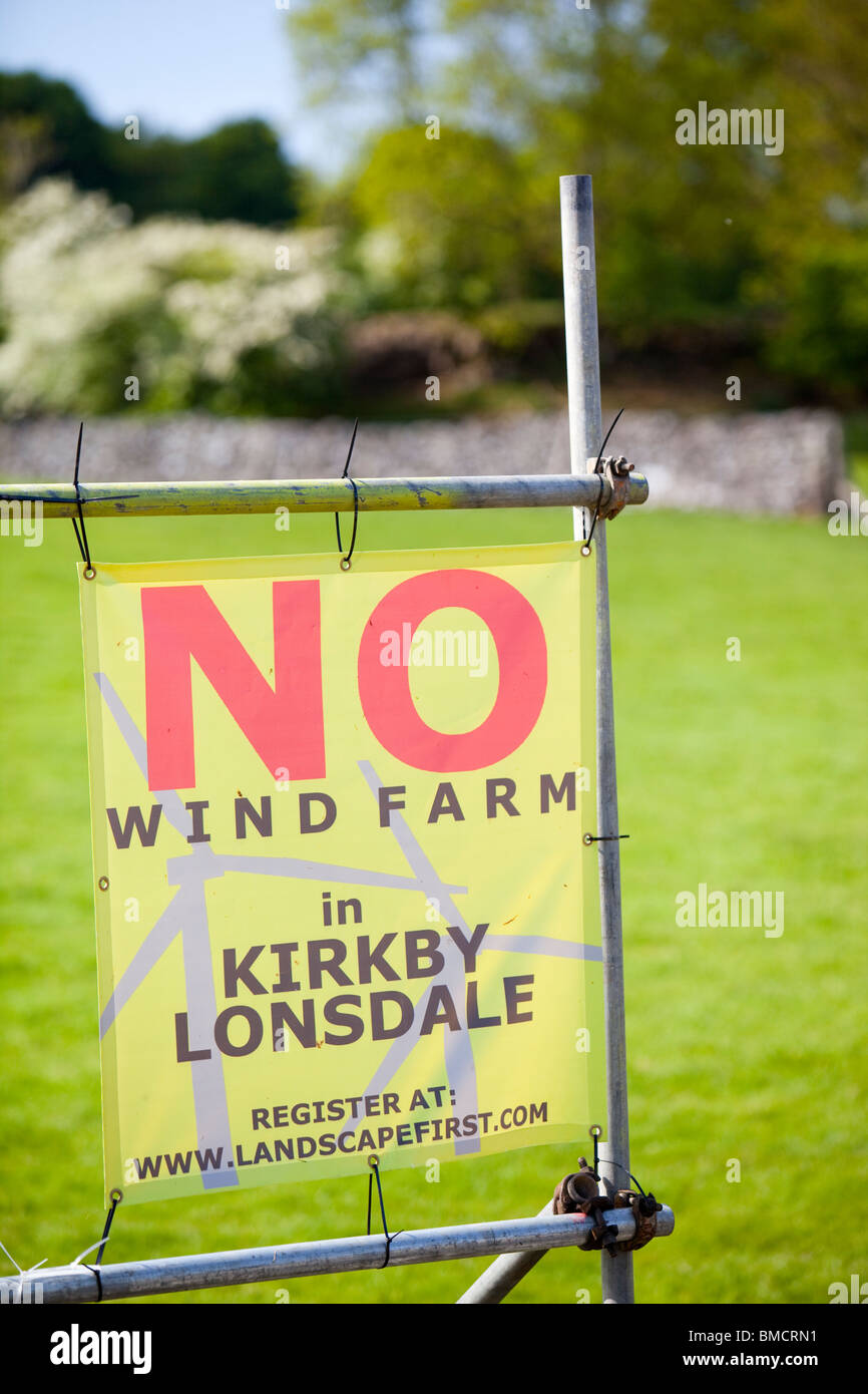 Banners protesting against a potential wind farm development near Kirkby Lonsdale, Cumbria, UK. Stock Photo