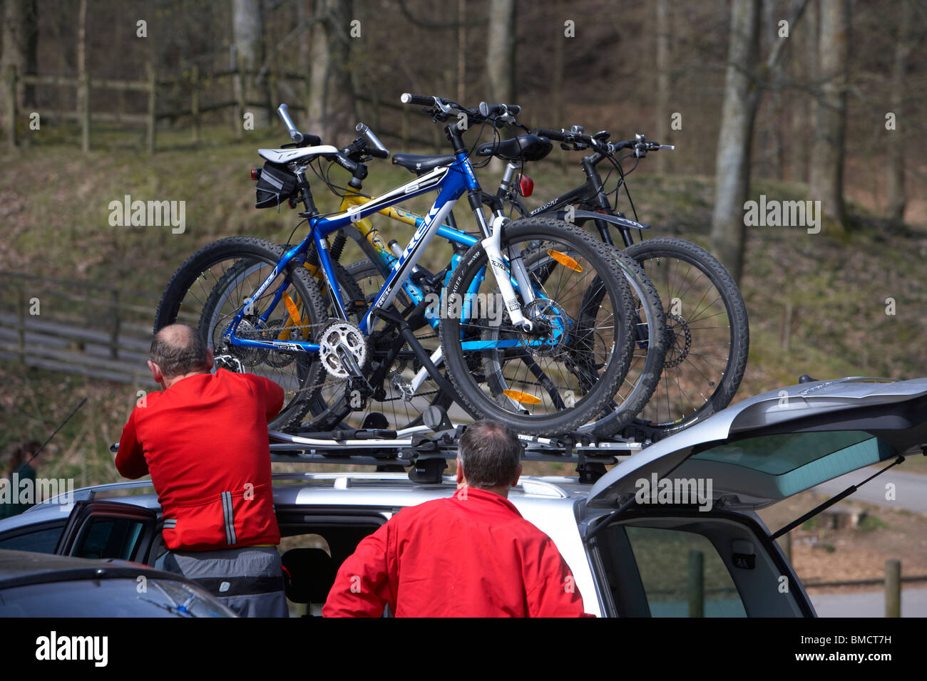 cyclist securely fastens mountain bikes on a roofrack on a car in a forest carpark derbyshire england uk Stock Photo