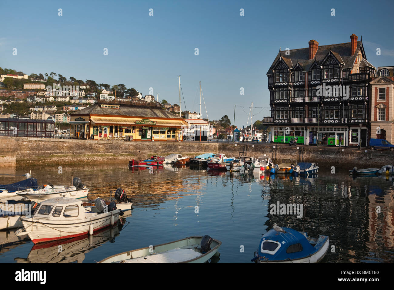 UK, England, Devon, Dartmouth, Station Restaurant riverside building overlooking the Boat Float Stock Photo