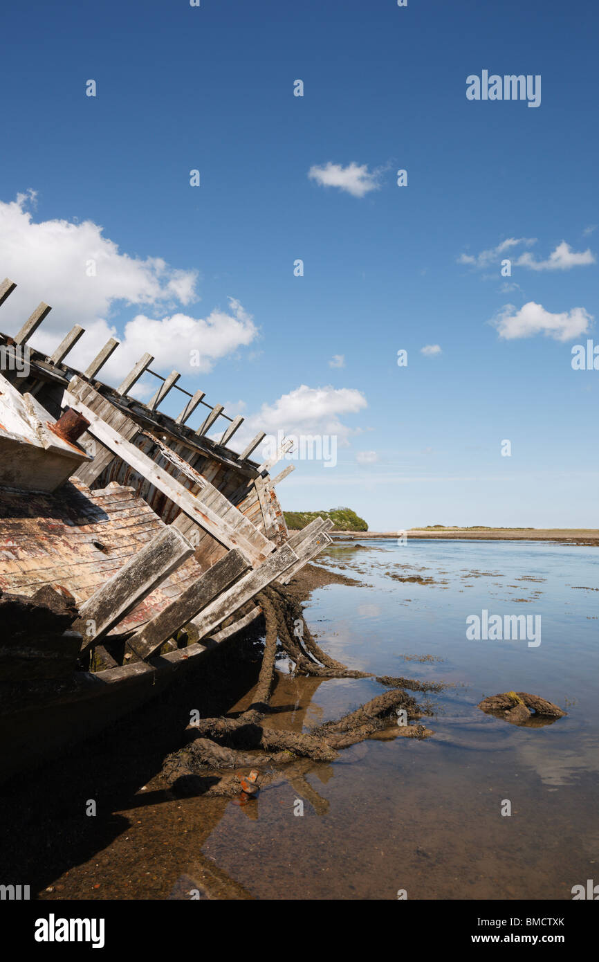 Traeth Dulas, Isle of Anglesey (Ynys Mon), North Wales, UK, Europe. Old wooden hull of a ship wreck in the bay's tidal lagoon Stock Photo