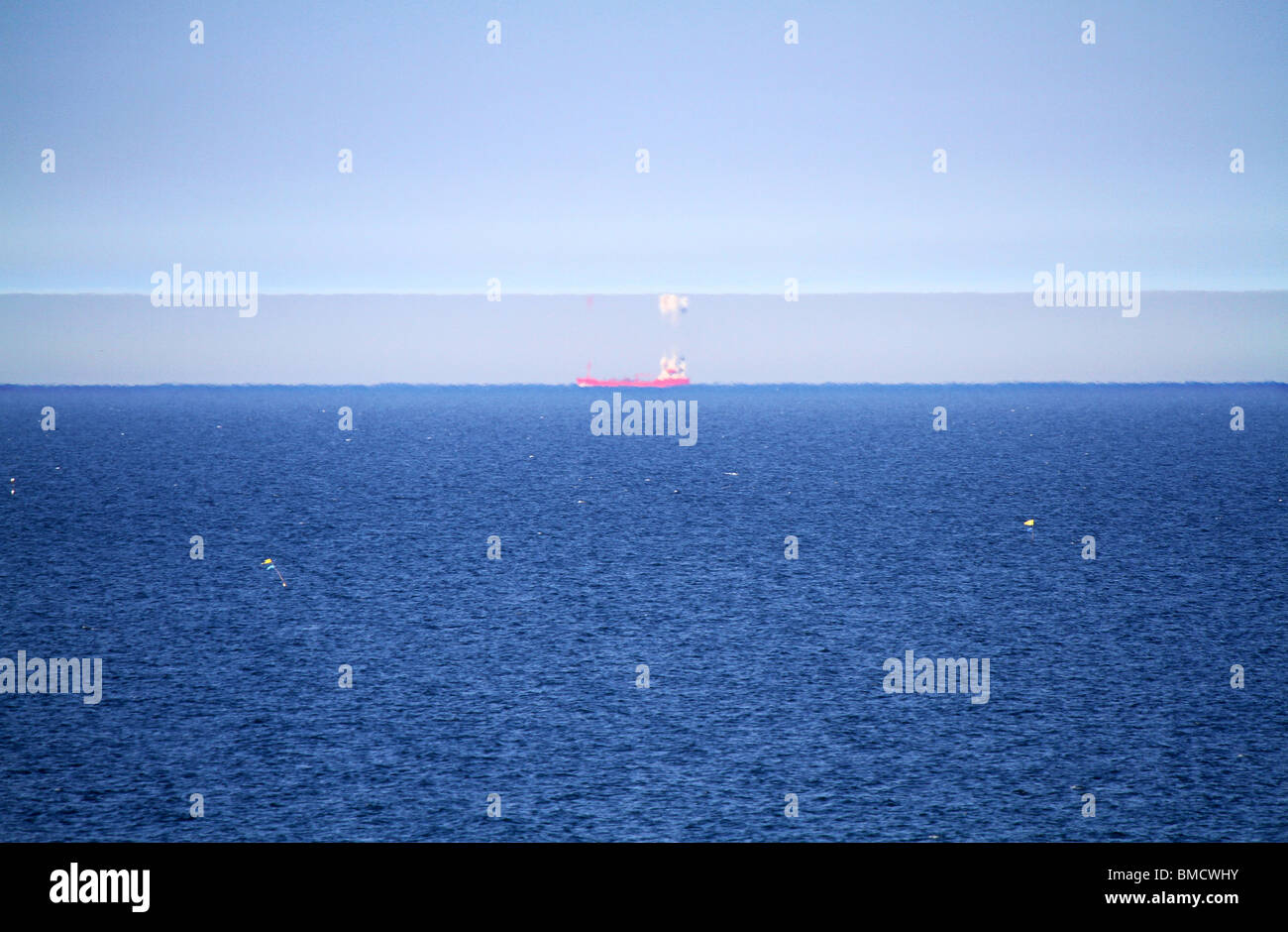 Mirage in hot weather in north sea off UK coast. Stock Photo