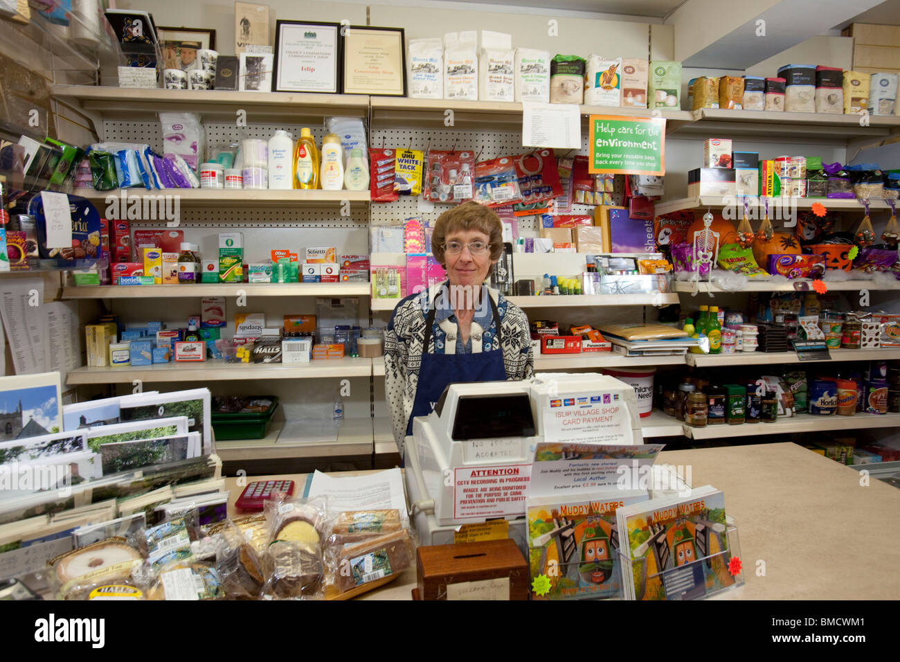 Maralynn Smith who runs Islip Village shop based in the Islip Village hall, Oxfordshire Stock Photo