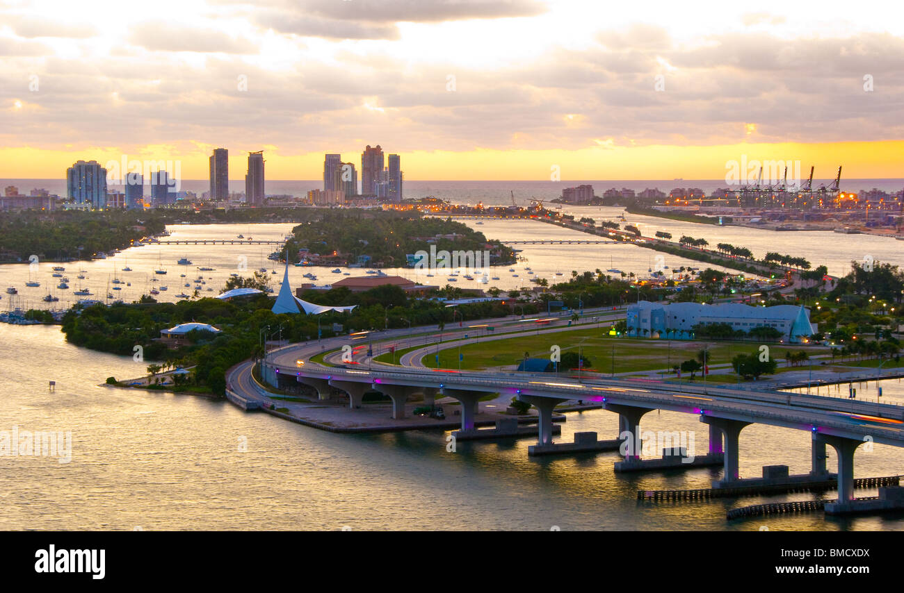 Skyline of Miami Beach, MacArthur Causeway, Miami Children's Museum and the Port of Miami, Miami, Florida, USA Stock Photo