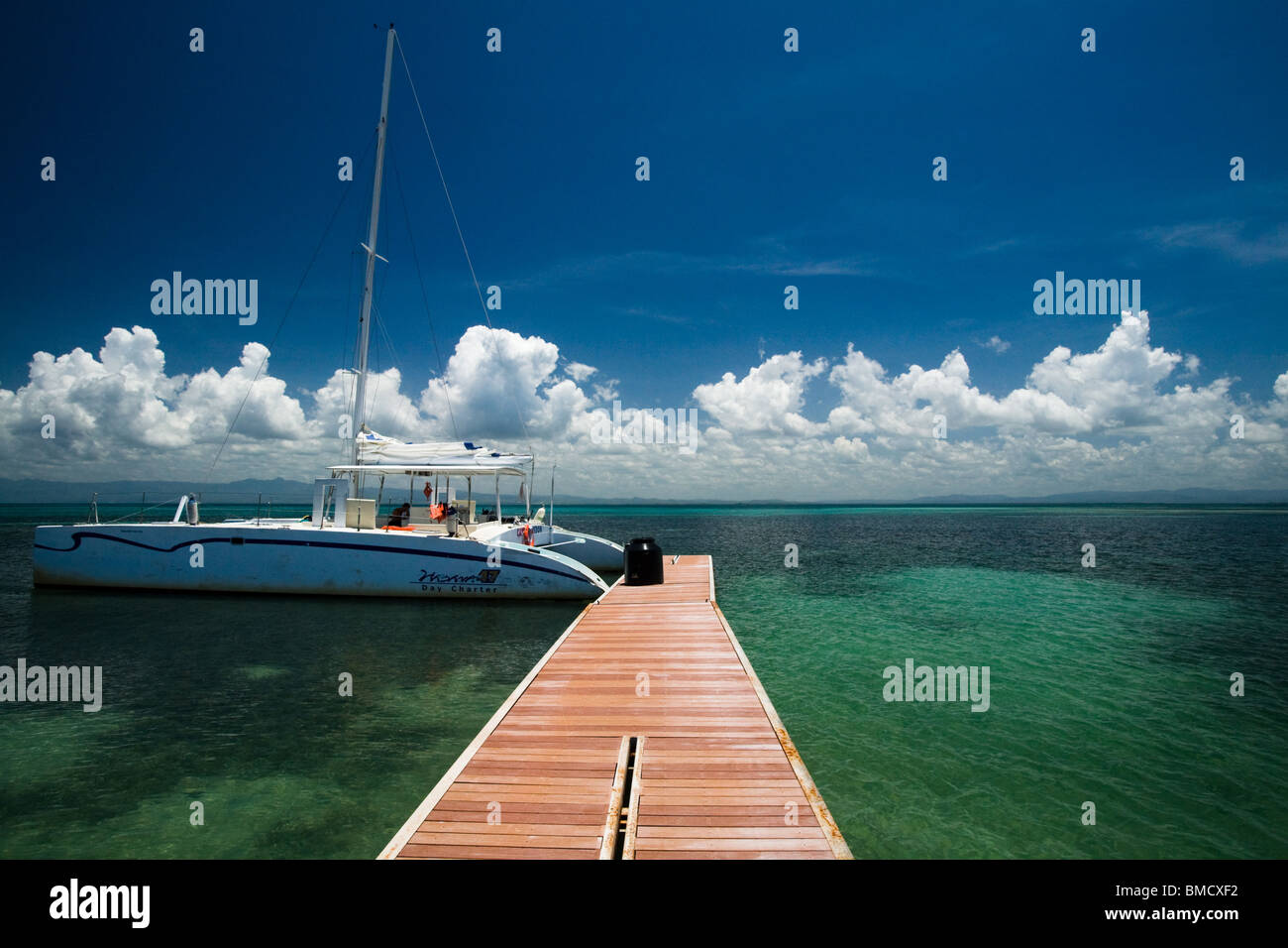 A catamaran is moored at Cayo Blanco, a small cay located off the coast of the Sancti Spiritus province, Cuba on Thursday July 3 Stock Photo