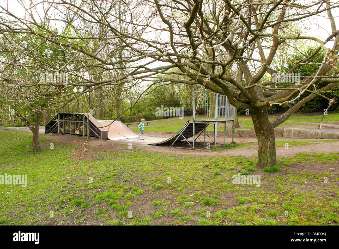 Boy playing on ramp in skateboard park Stock Photo - Alamy
