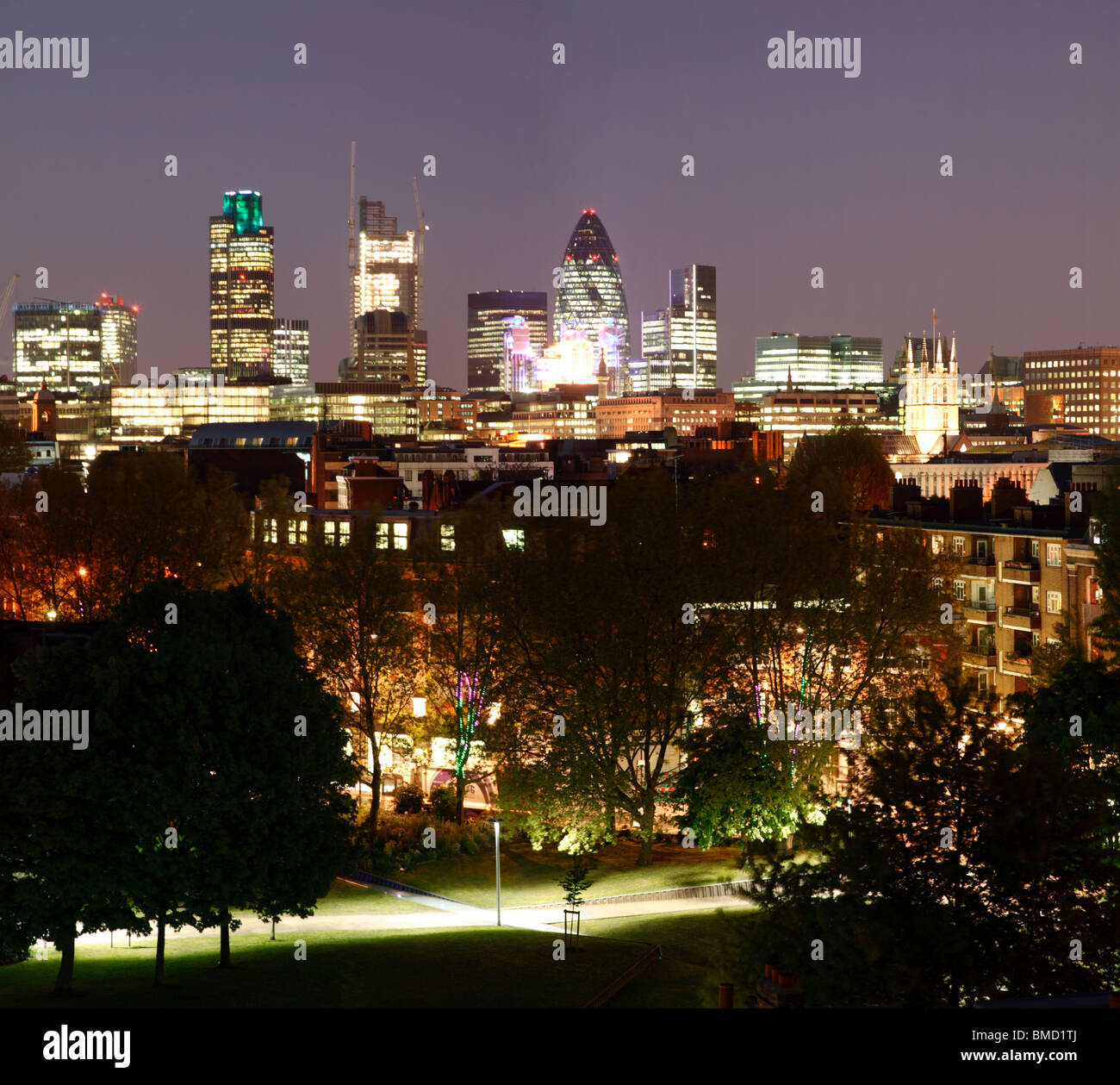 Night time City of London Skyline Panorama Stock Photo