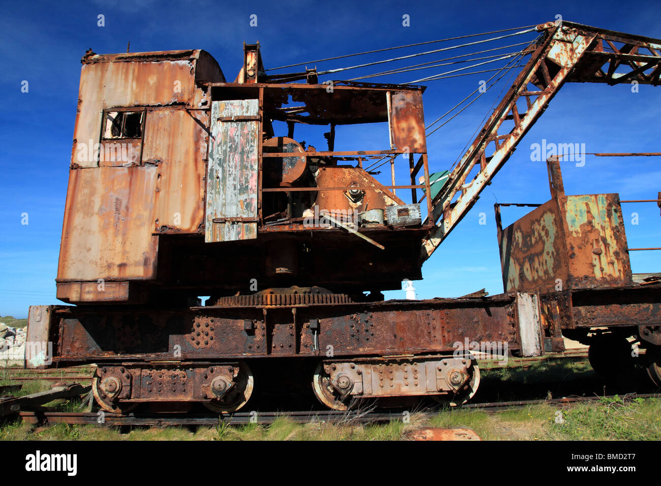 Old rusty crane in Mannez Quarry, Alderney, Channel Islands, United Kingdom Stock Photo