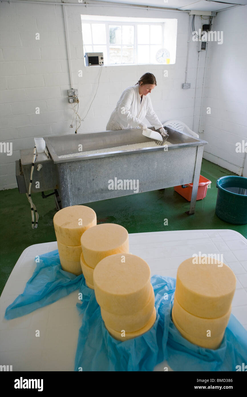 Cheese maker making traditional Single and Double Gloucester cheeses. Standish Park Farm