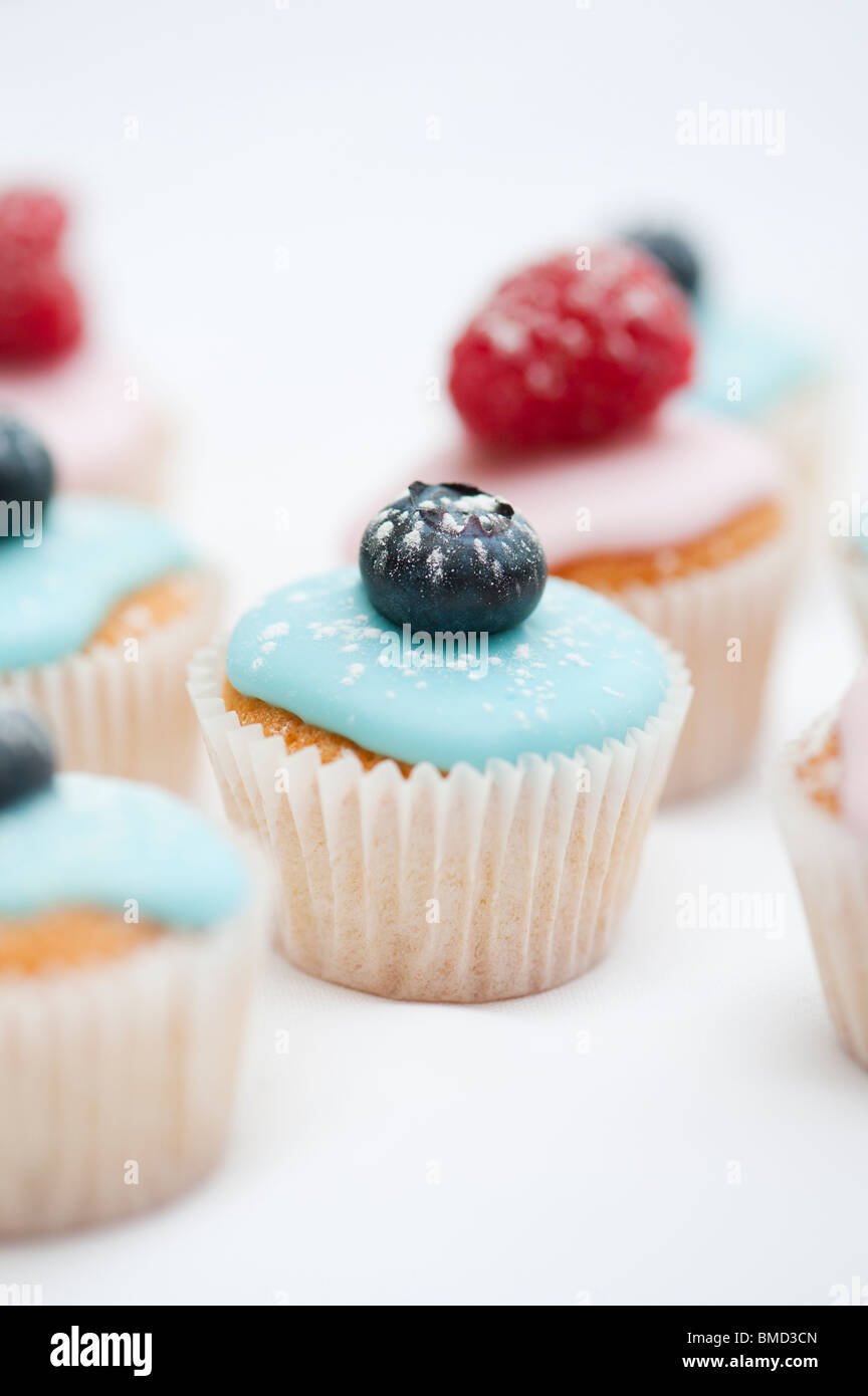 Colourful blueberry and raspberry mini fruit cupcakes on a white ...
