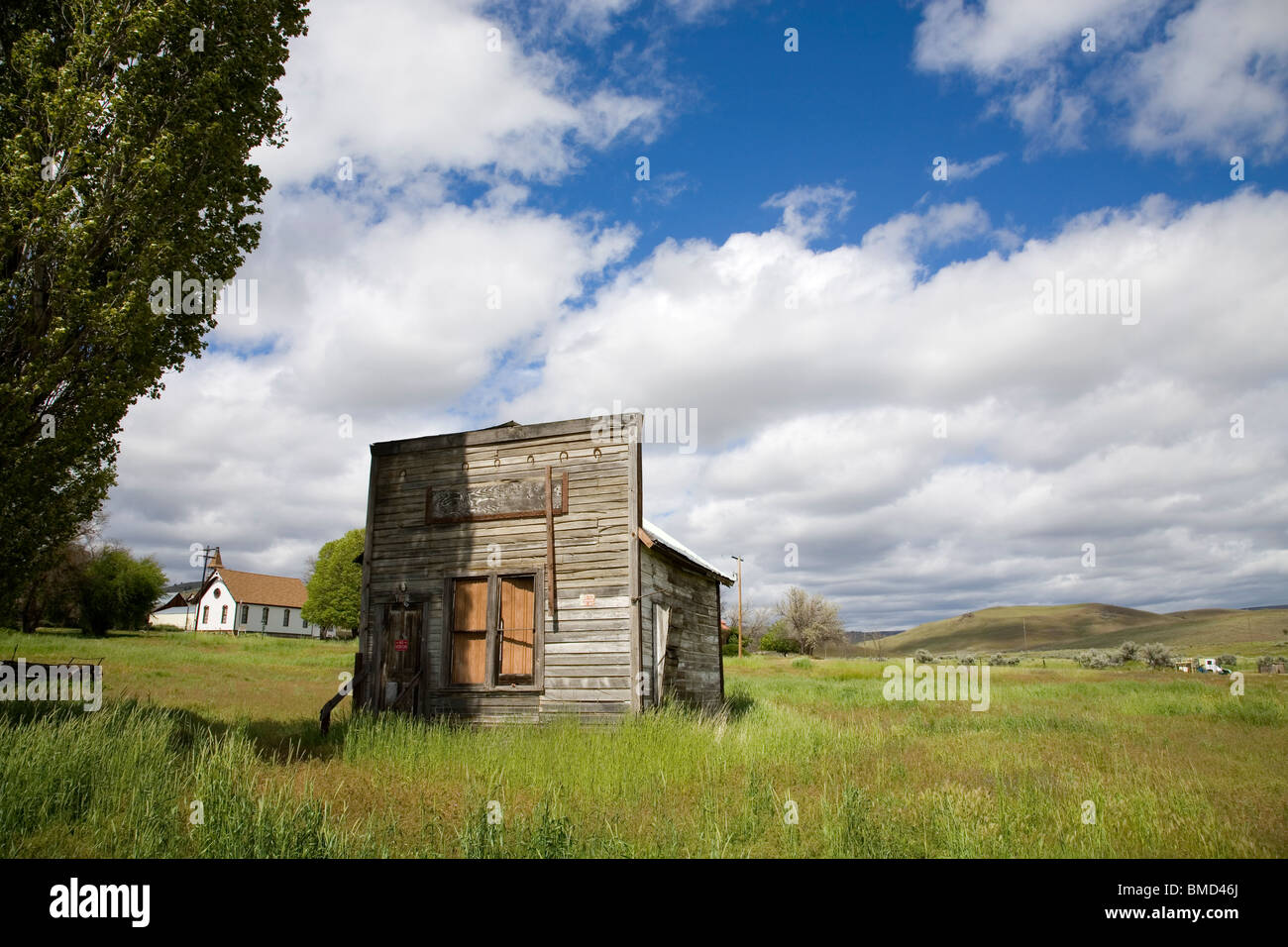 An old building and a community church in the small town of Antelope
