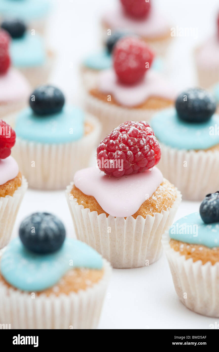 Colourful blueberry and raspberry mini fruit cupcakes on a white ...