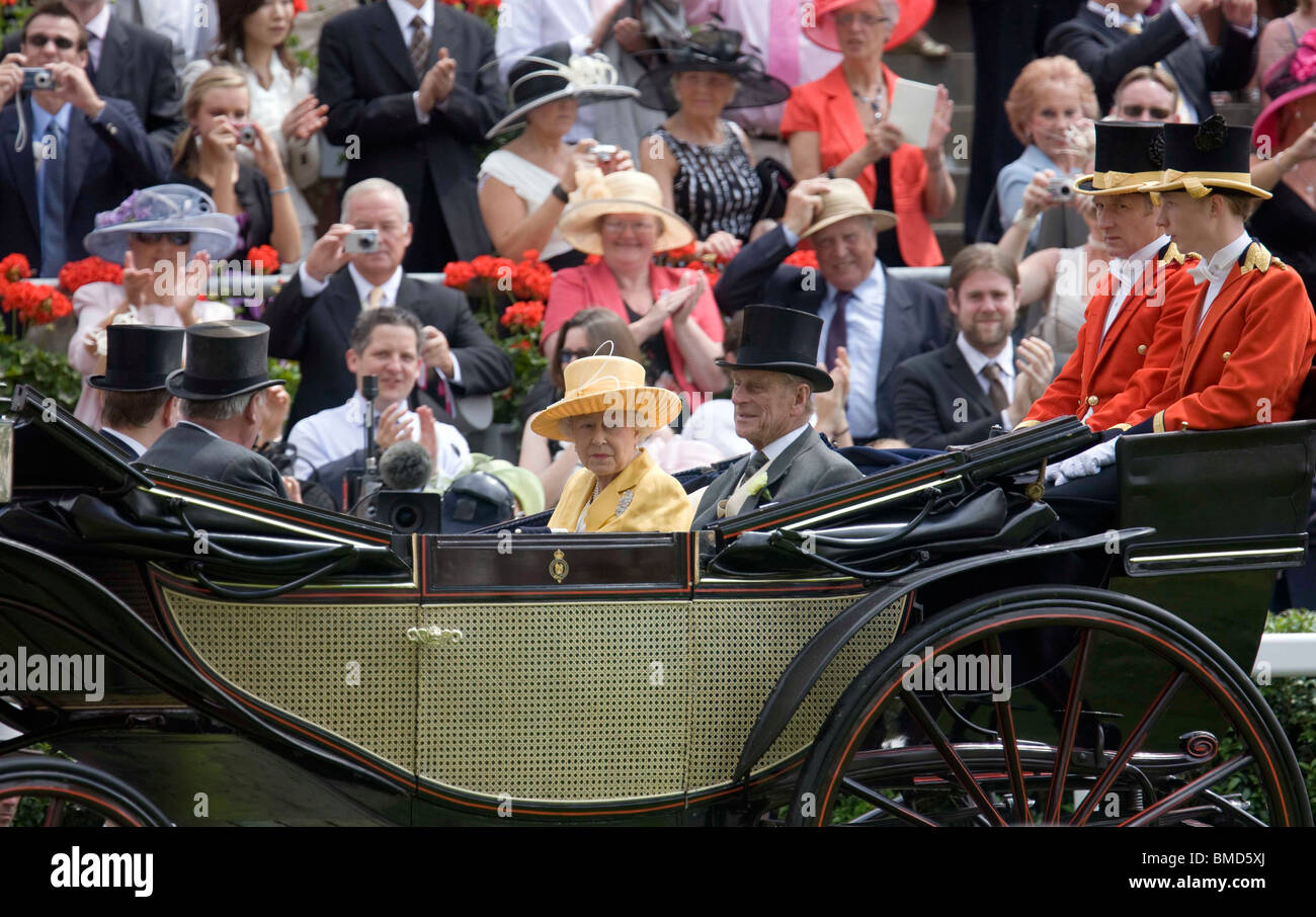 Britain's Queen Elizabeth arrives for the Royal Ascot race meeting in 2009 by carriage with Prince Philip Stock Photo