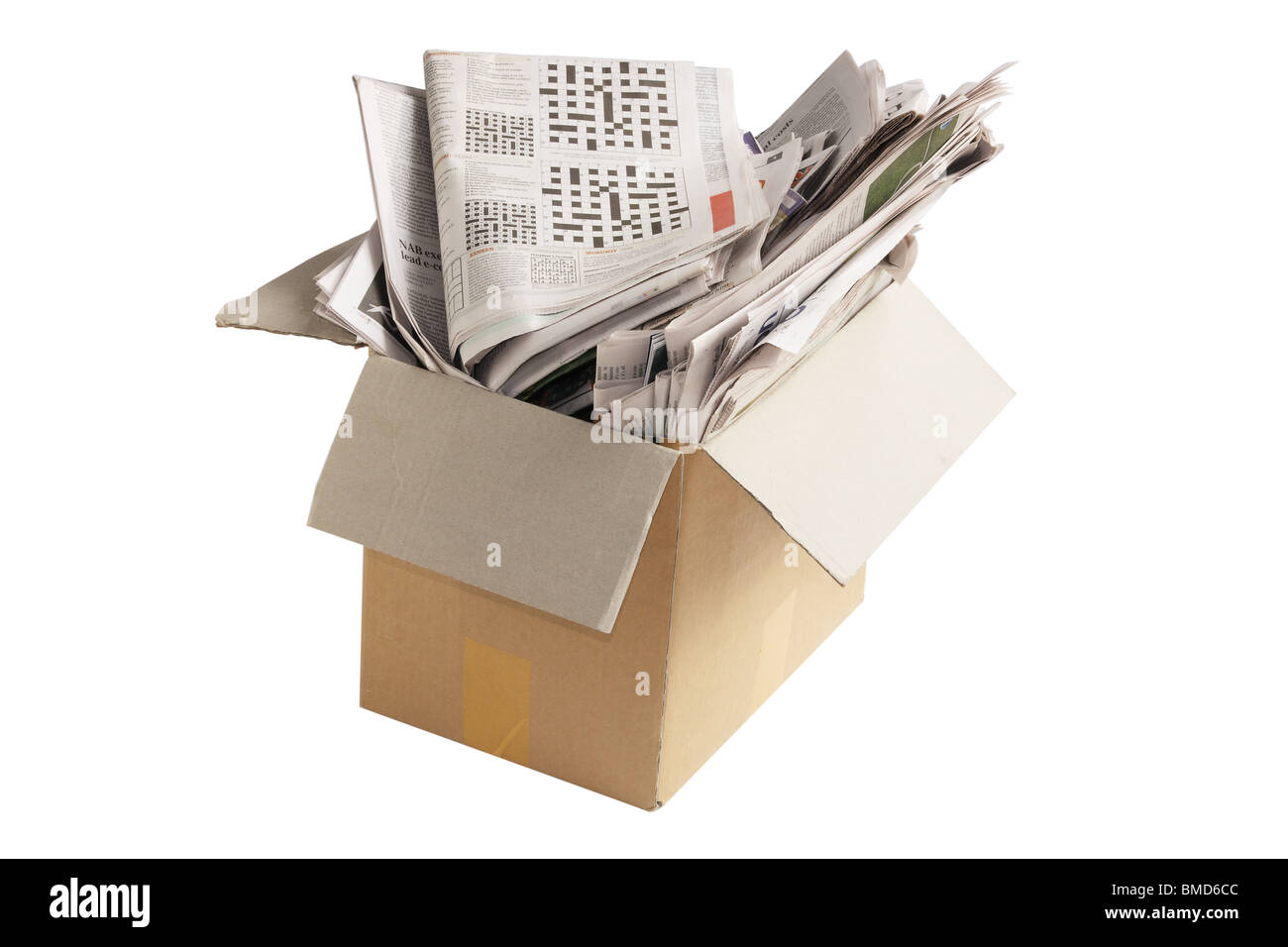 Old Newspapers in Cardboard Box Stock Photo