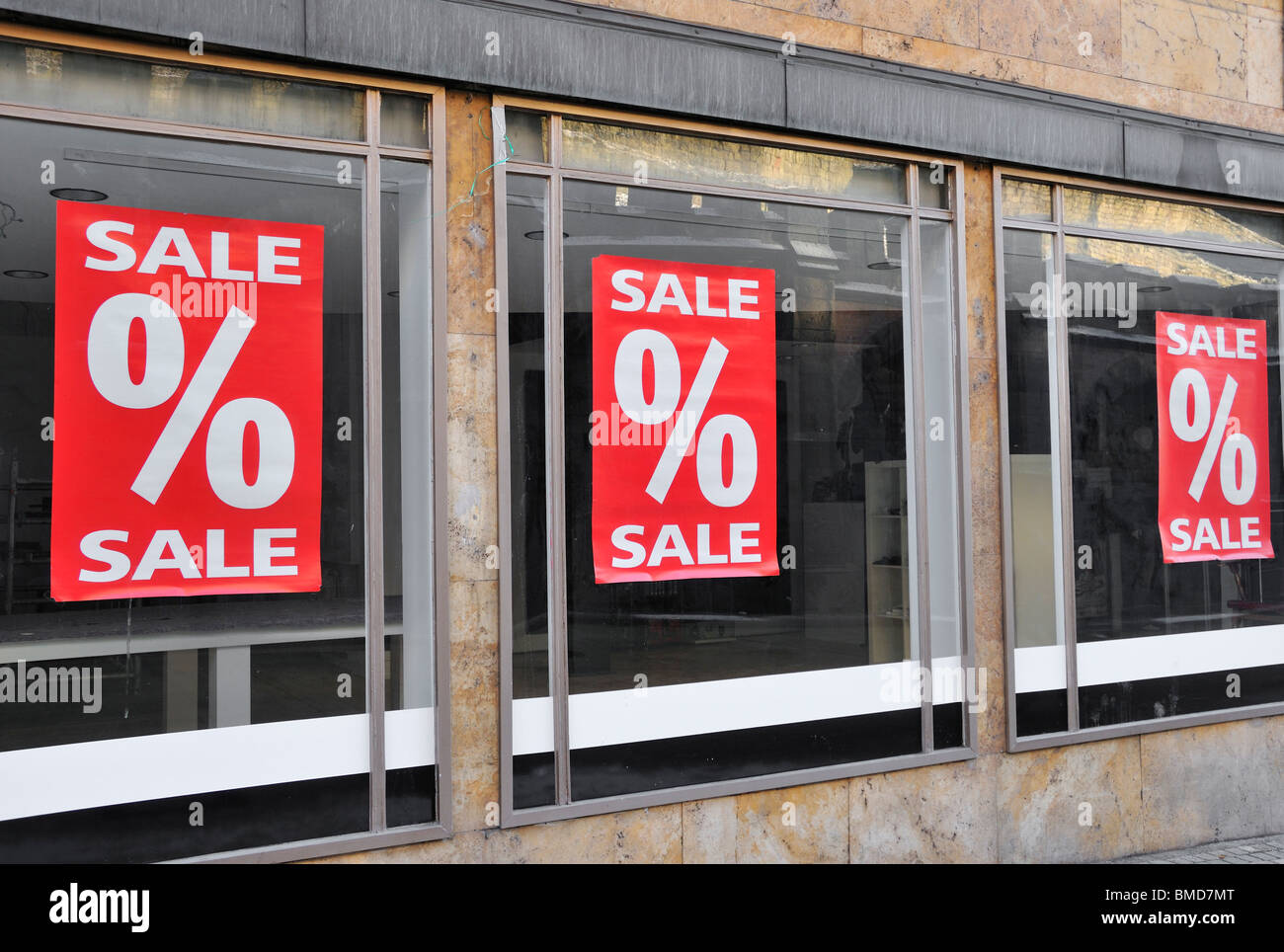 Shop window with signs Sale Stock Photo Alamy