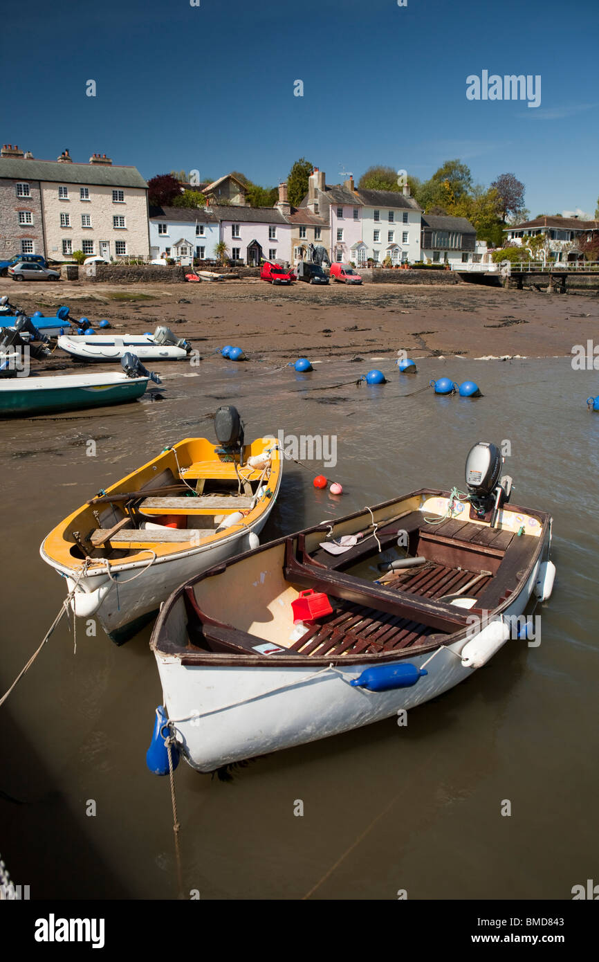 UK, England, Devon, Dittisham, yacht tenders moored in front of colourfully painted riverside houses on the Quay Stock Photo