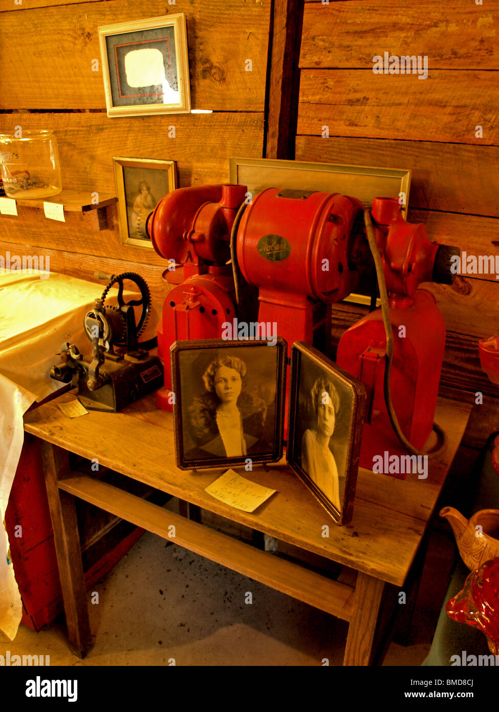 red industrial motor engine antique sitting on table with old ...
