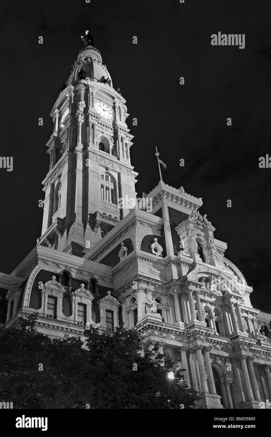 A black and white night view of the City Hall Building in Philadelphia Pennsylvania. Stock Photo