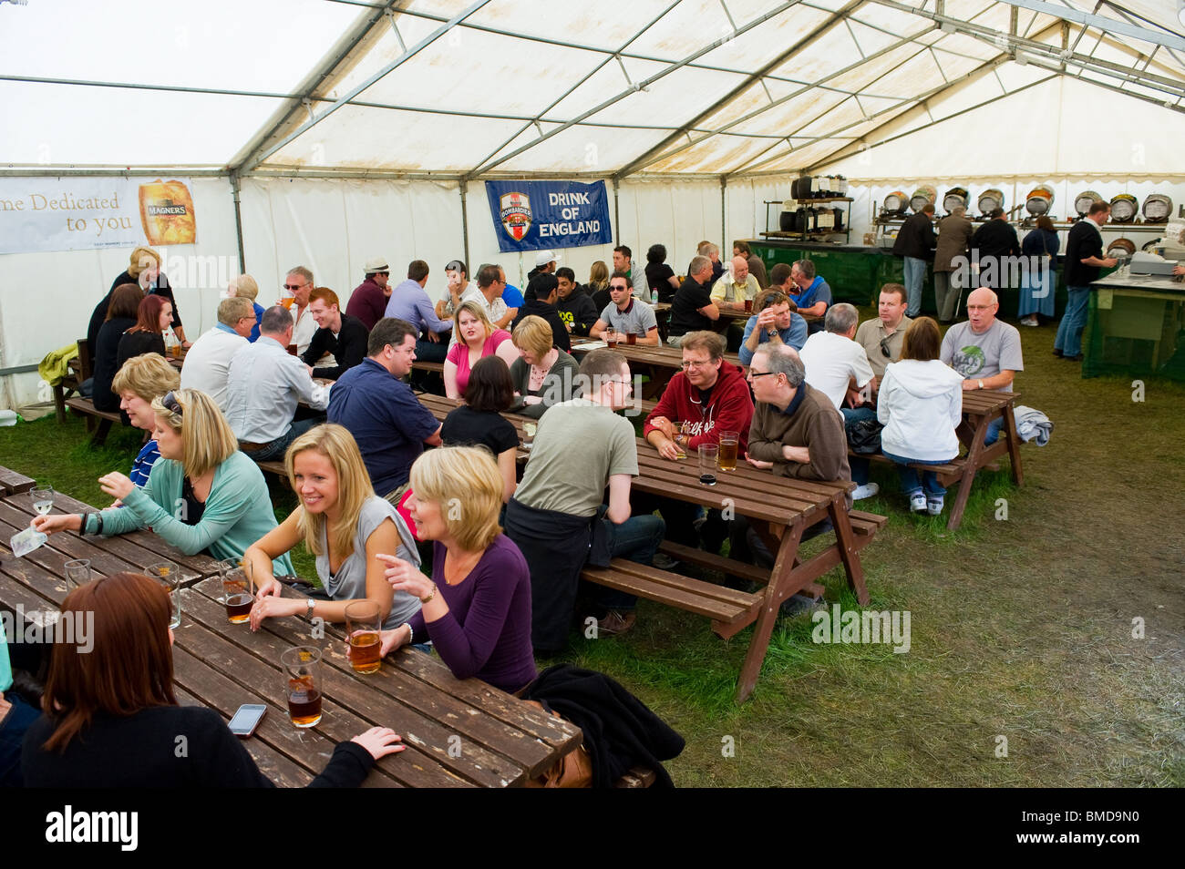 Customers in a marquee at the Hoop Beer Festival in Essex. Photo by