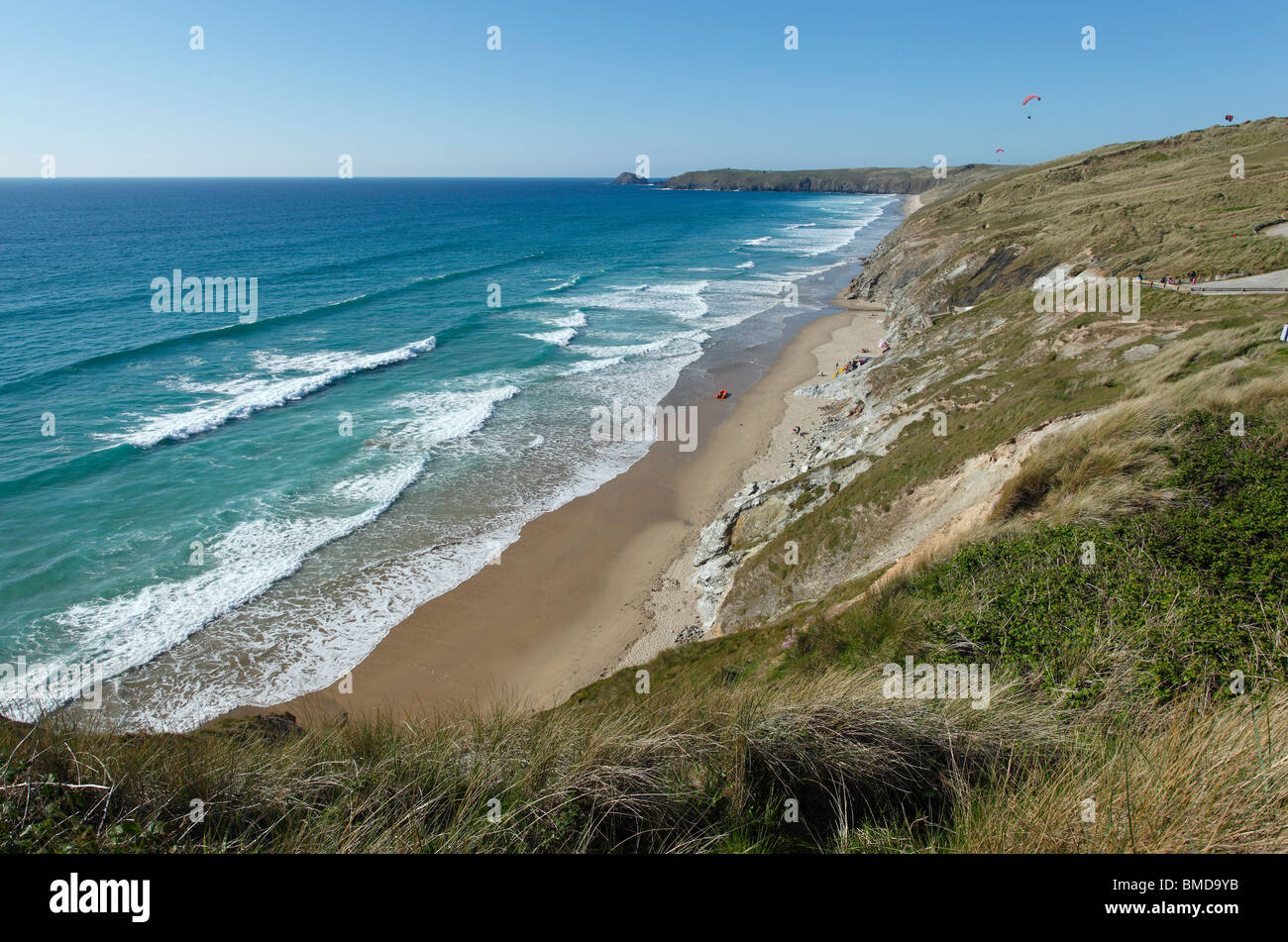 Perran beach at high tide, Perranporth Cornwall UK. Stock Photo