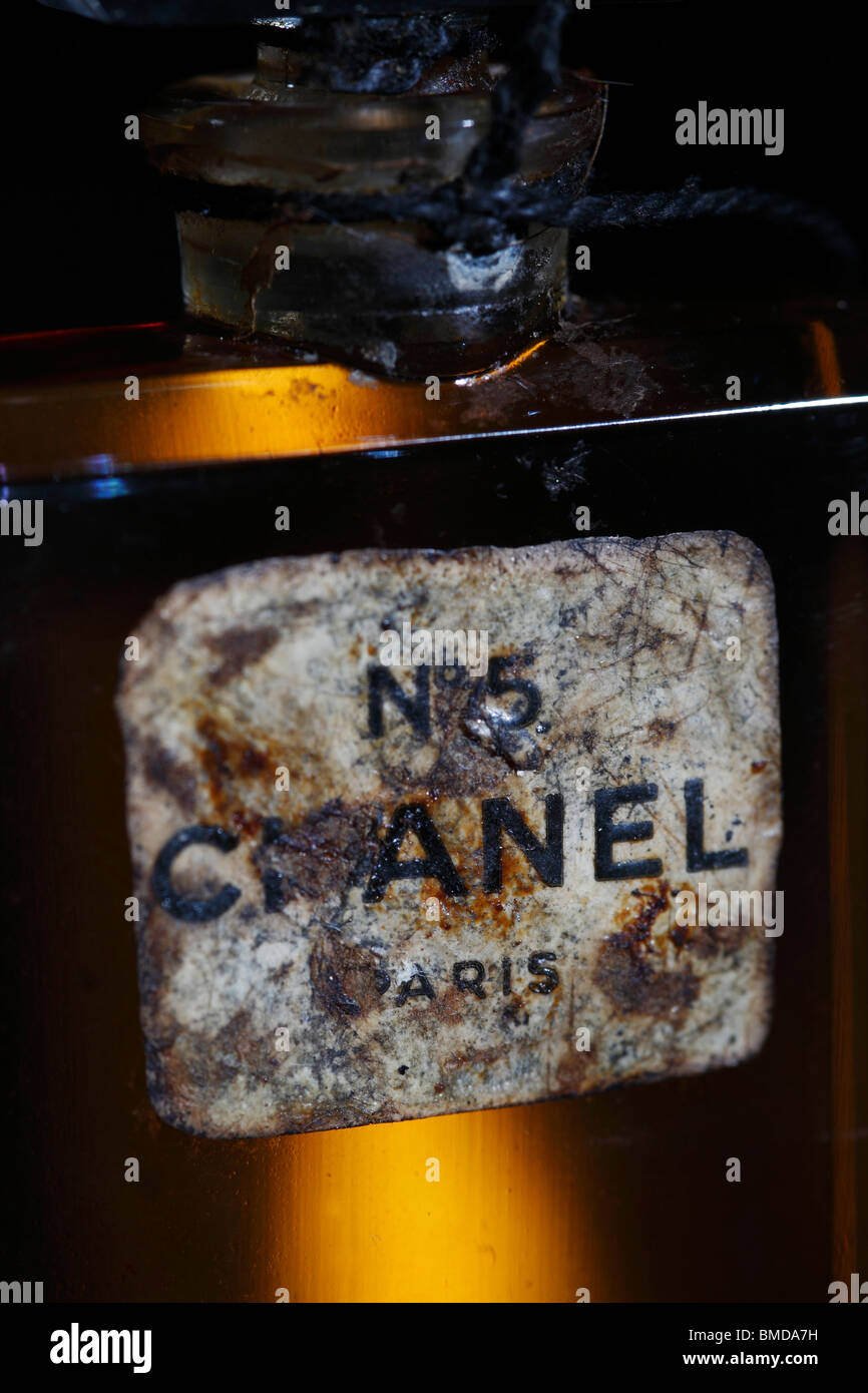 old bottle of chanel no.5 perfume with distressed label Stock Photo