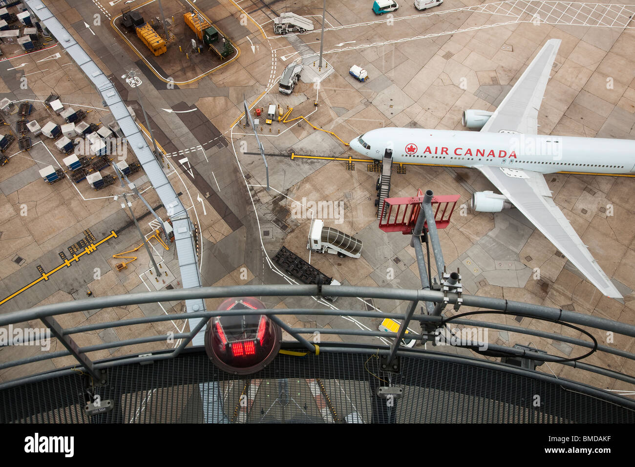 An aerial view of an Air Canada passenger aircraft standing on the tarmac at Heathrow airport London England Stock Photo