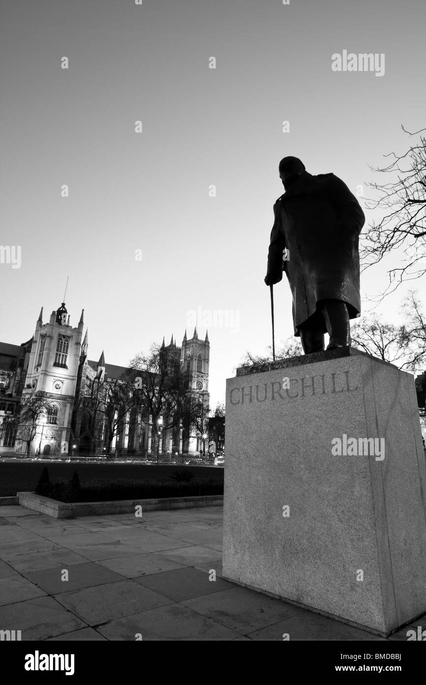 Westminster Abbey and Churchill Statue Stock Photo