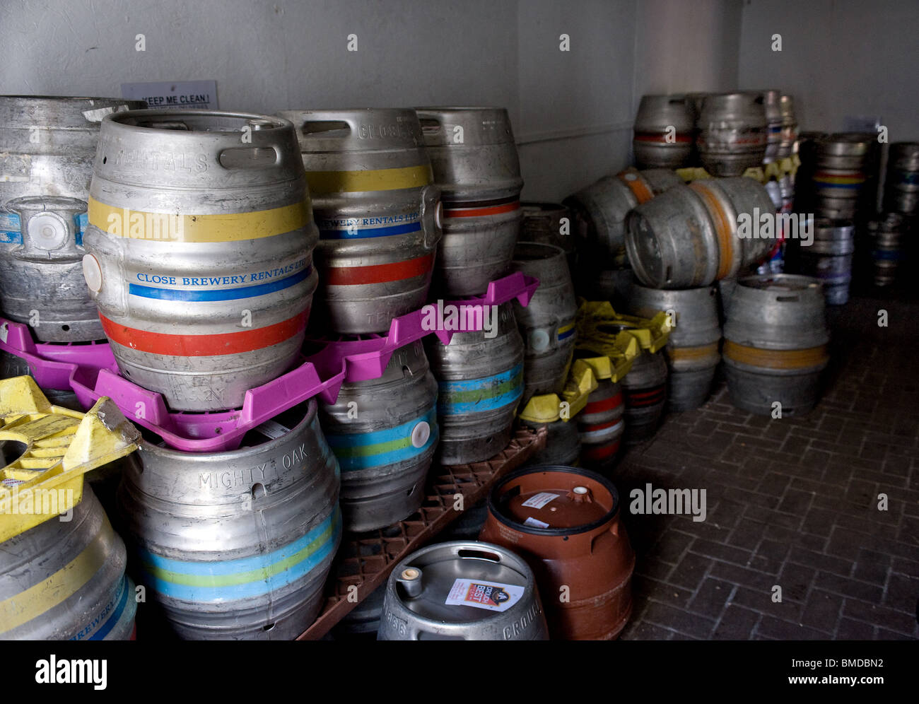Barrels of real ale in a storage area of the Hoop Public House in Stock in Essex.  Photo by Gordon Scammell Stock Photo