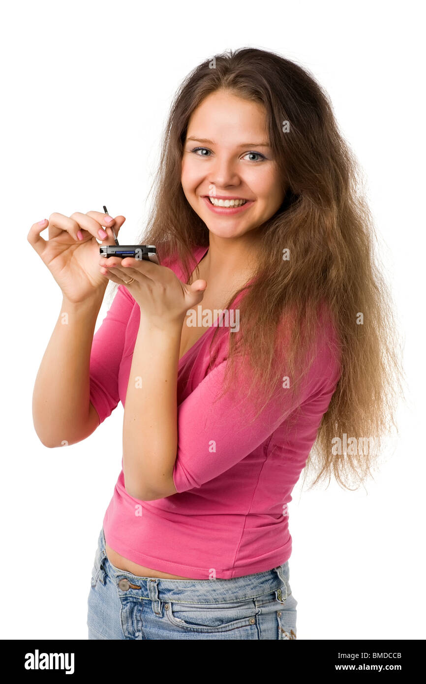 beautiful girl holds on a palm personal digital assistant, isolated on