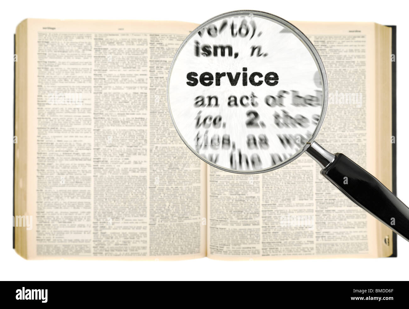 A magnifying glass on the word SERVICE  on a dictionary. Isolated on white. Stock Photo