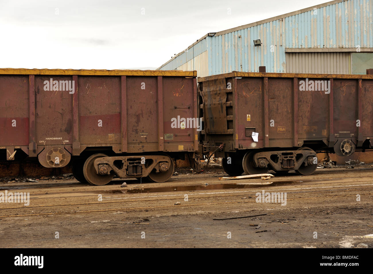 Freight trains at dock port side Stock Photo