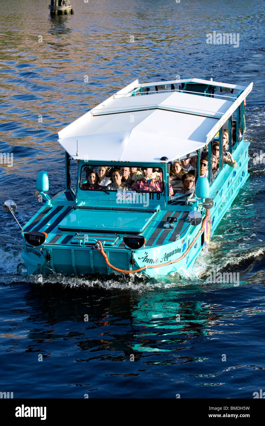 Boston Duck Tour Boat 'Annie Aquarium' traveling in the water. Stock Photo