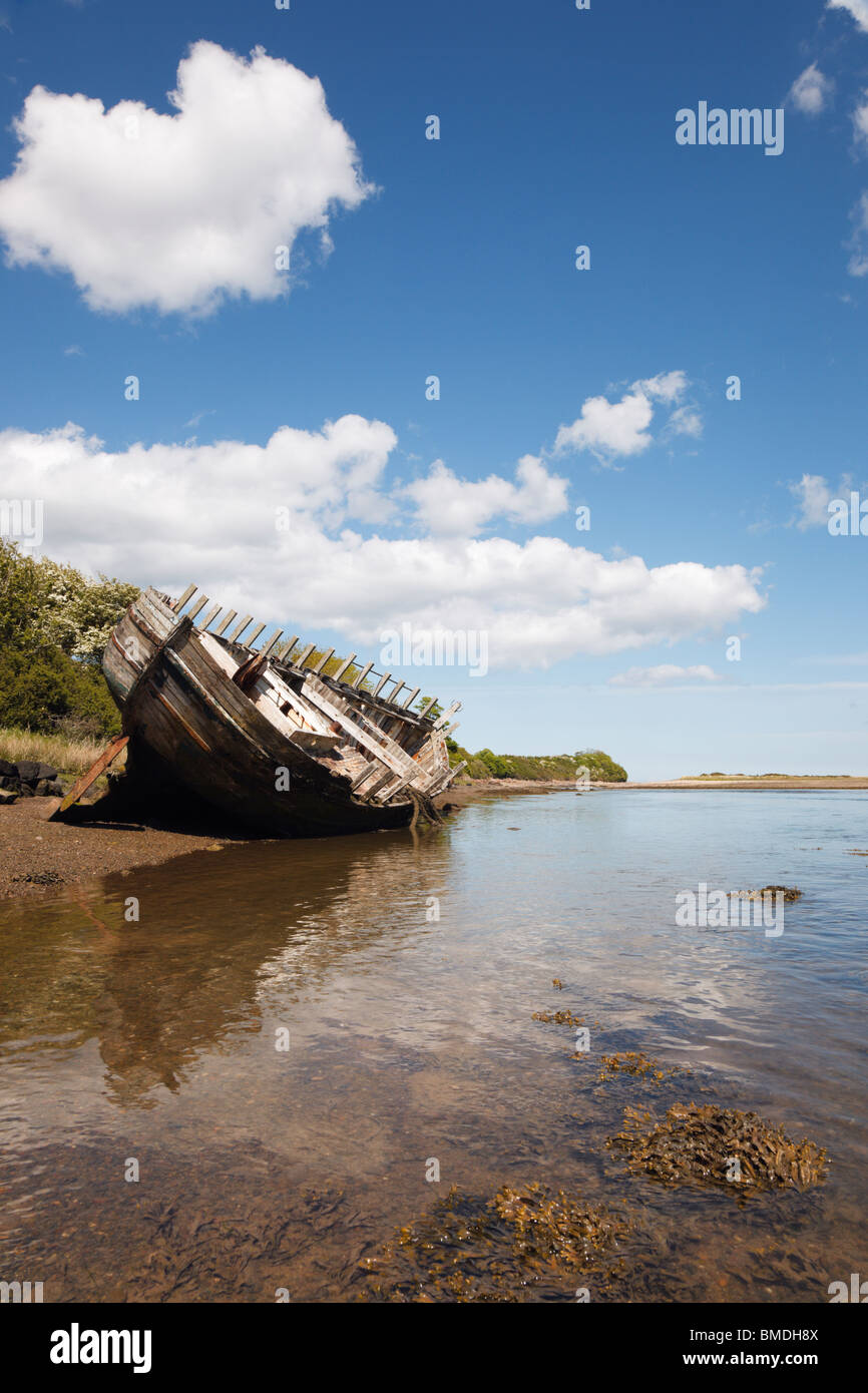 Old wooden hull of a ship wreck in the bay's tidal lagoon at Traeth Dulas, Isle of Anglesey (Ynys Mon), North Wales, UK, Britain Stock Photo