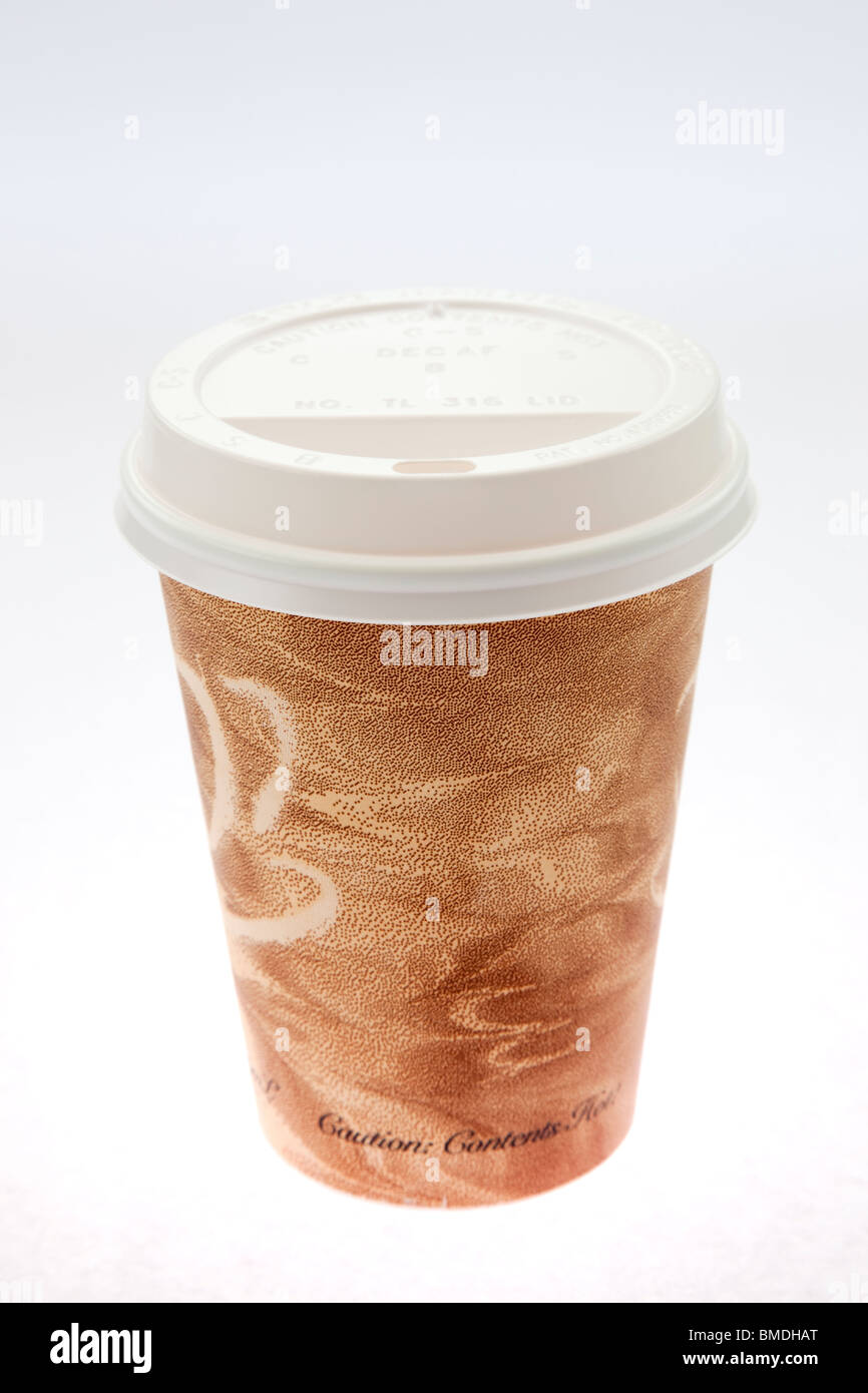 Disposable single use paper coffee cup with plastic drink-through lid isolated on a white background. England UK Britain Stock Photo