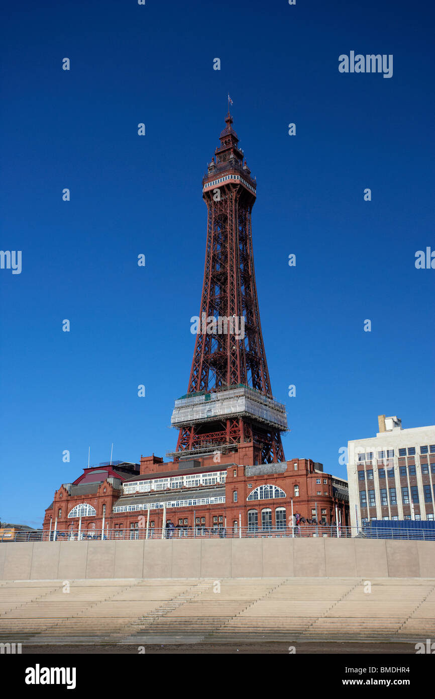 Blackpool tower and new seafront steps and promenade sea defences lancashire england uk Stock Photo