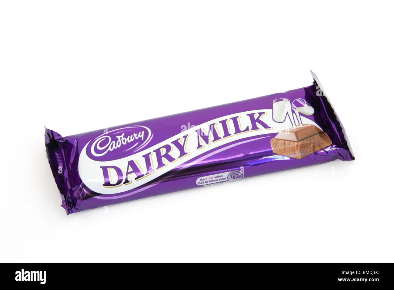 Top down of a Cadbury Dairy Milk chocolate bar in unopened foil wrapper isolated on a white background. England UK Britain Stock Photo