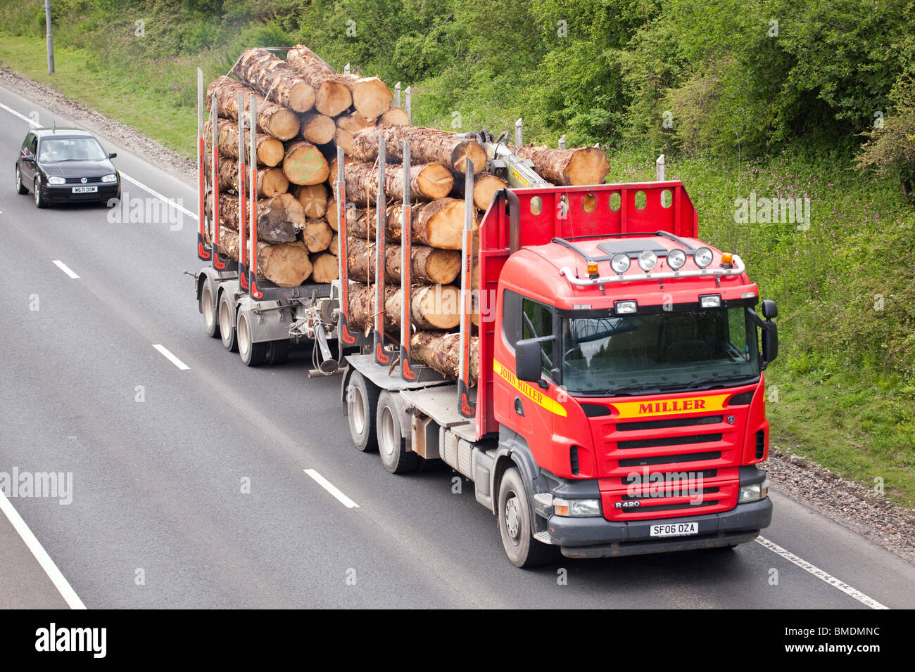 Timber lorry on the A75 wood timber lorry on Dumfries bypass Stock