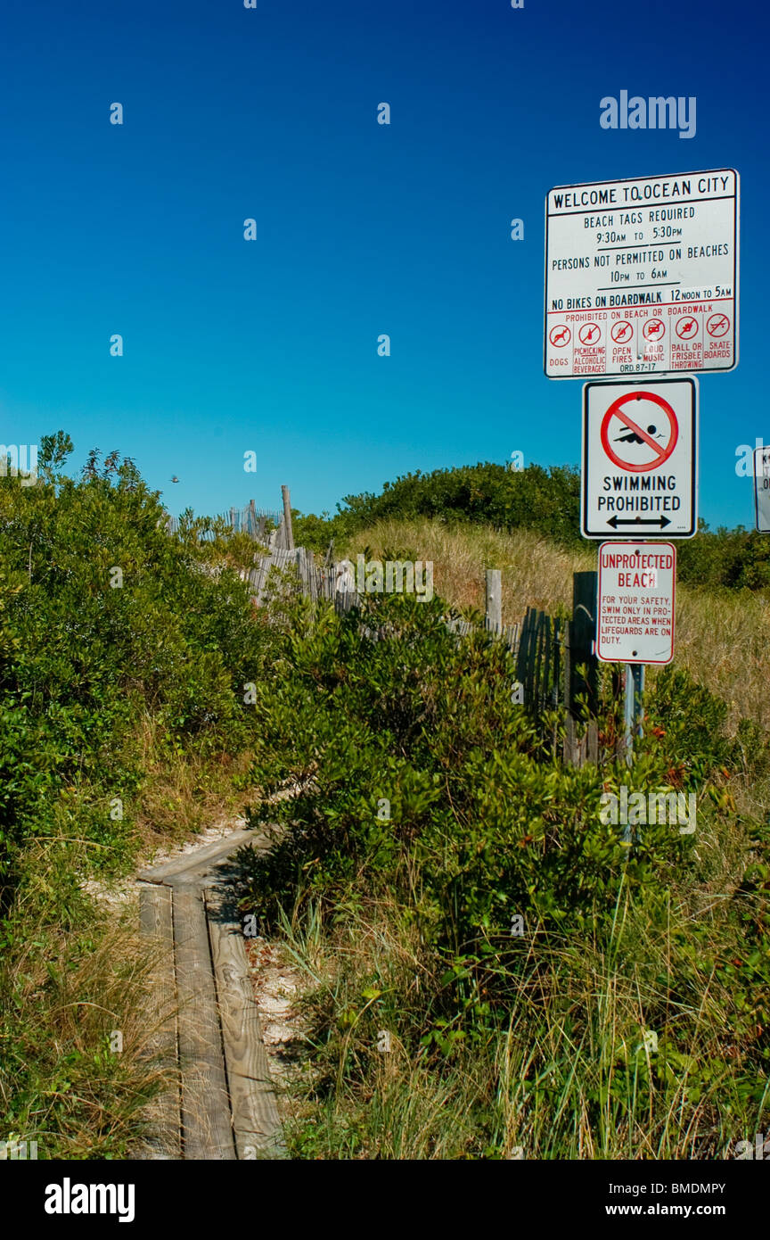 Ocean City, NJ, USA, Beach Dunes Scene, Pathway, with Sign Stock Photo