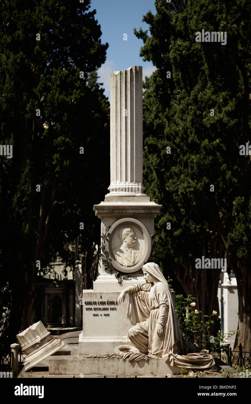 grave with column on the Prazeres Cemetery in Lisbon, Portugal, Europe Stock Photo