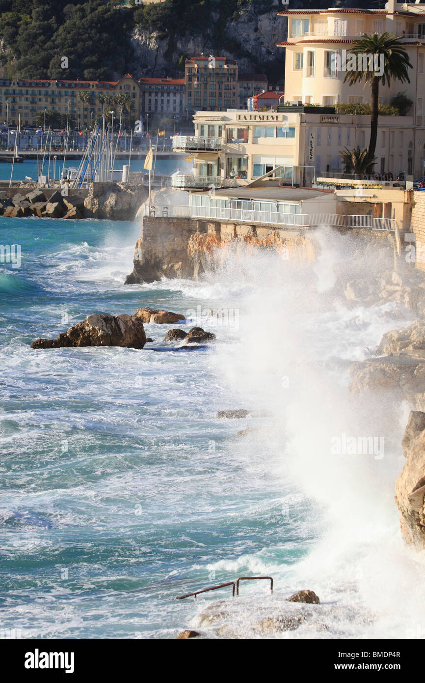 Rough sea in Nice near the beach called 'La Reserve' Stock Photo