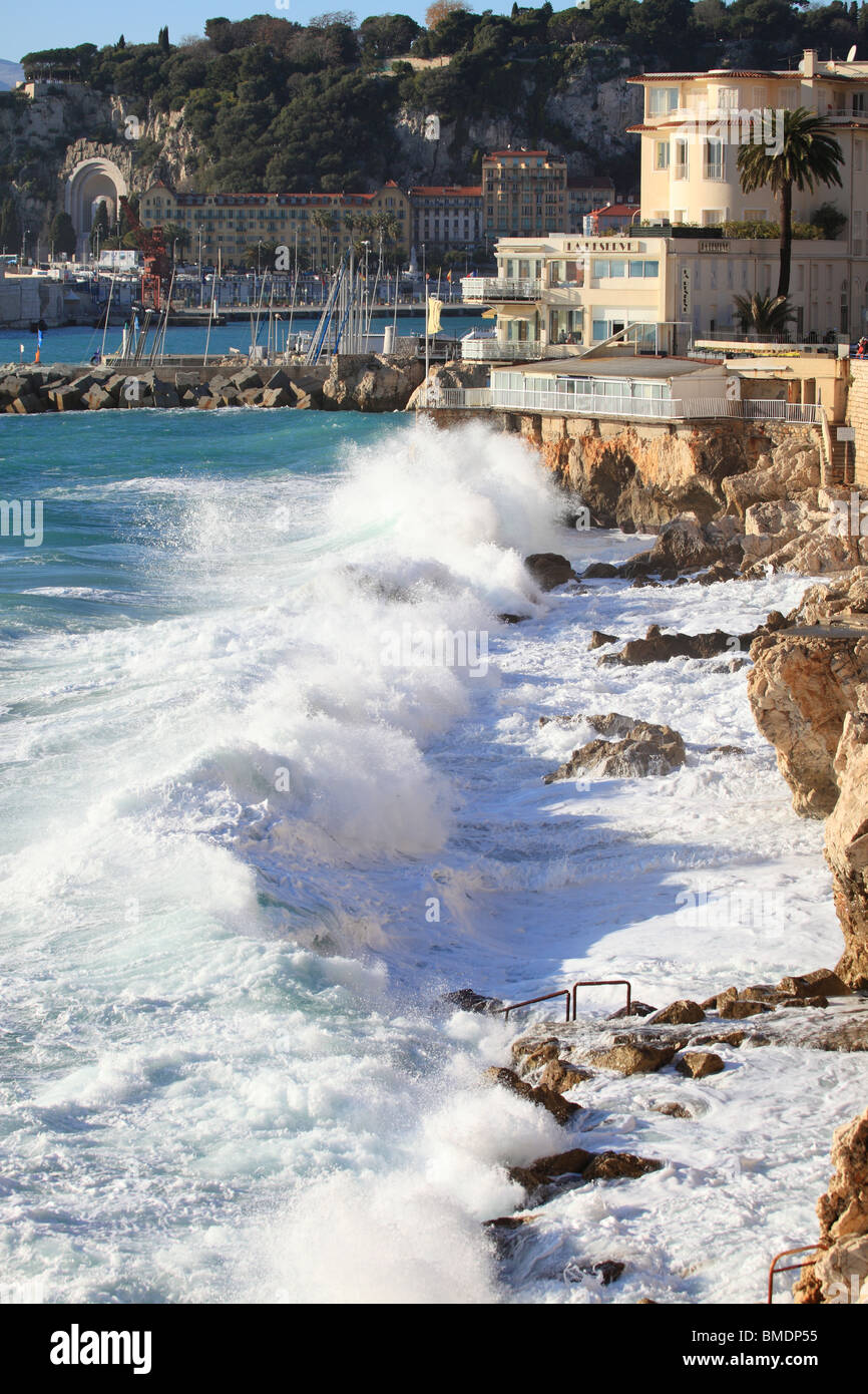 Rough sea in Nice near the beach called 'La Reserve' Stock Photo