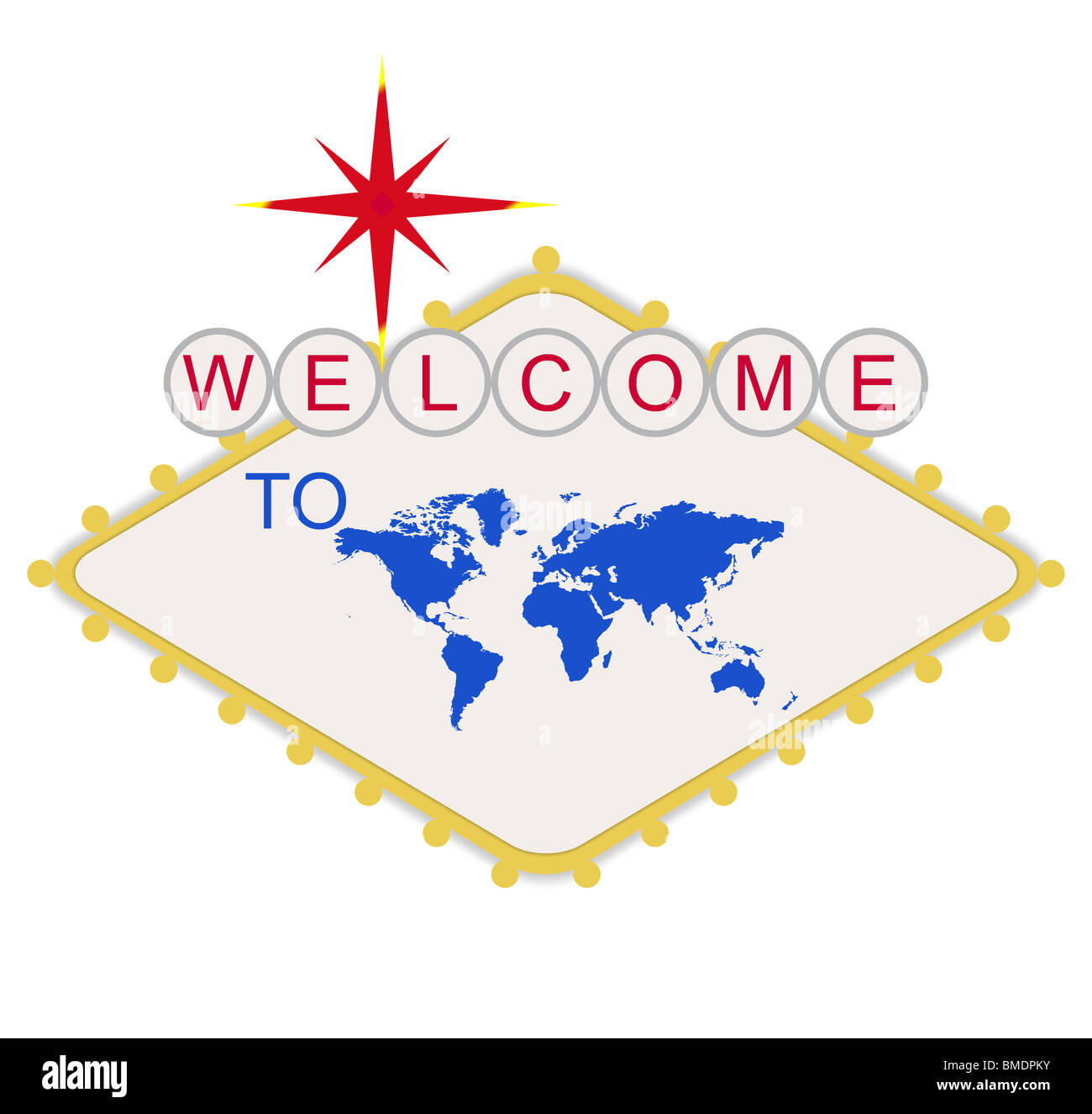 Welcome to the World or Earth sign in style of famous Las Vegas sign, isolated on white background. Stock Photo