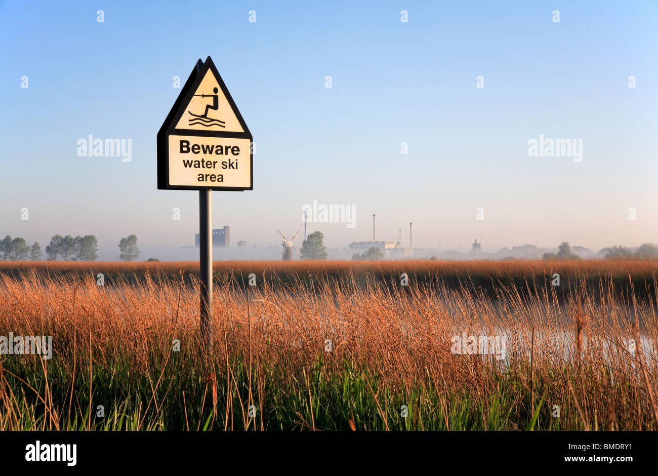 Beware water ski area sign by the River Yare at Hardley, Norfolk ...