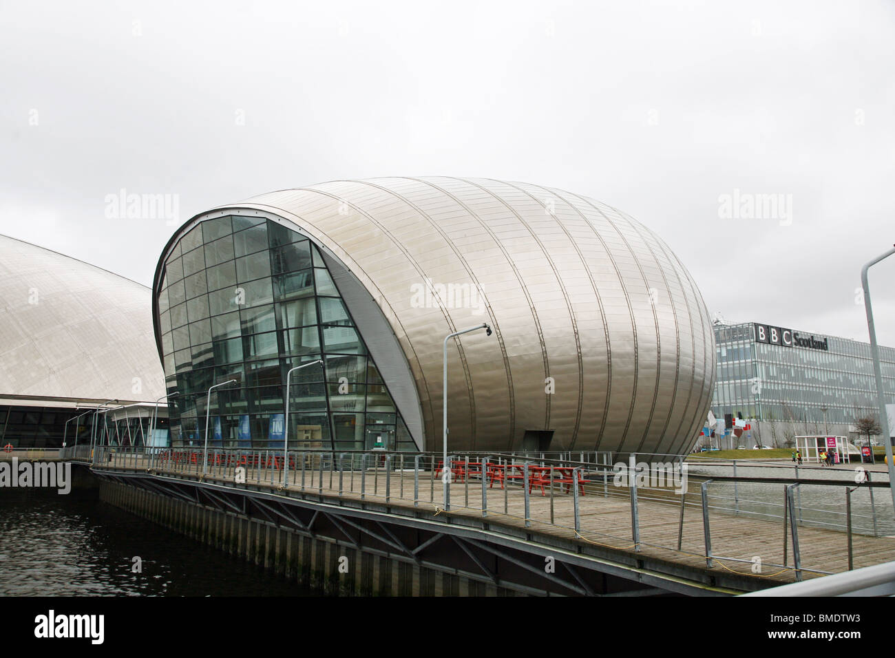 The Glasgow Science Centre IMAX Theatre, with BBC Scotland Pacific Quay offices and studios, Glasgow, Scotland Stock Photo