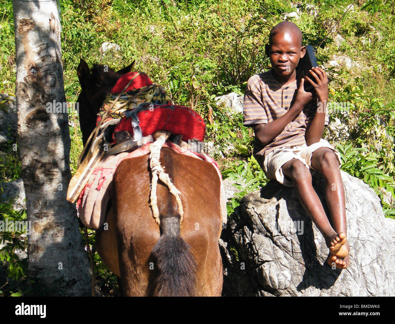 A boy sits by his horse listening to a radio, near Cap Haitien, Haiti Stock Photo