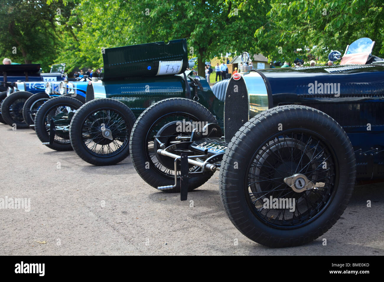 A row of 1920's Bugatti Type 35 and 37 Racing Cars in French Racing Blue Stock Photo