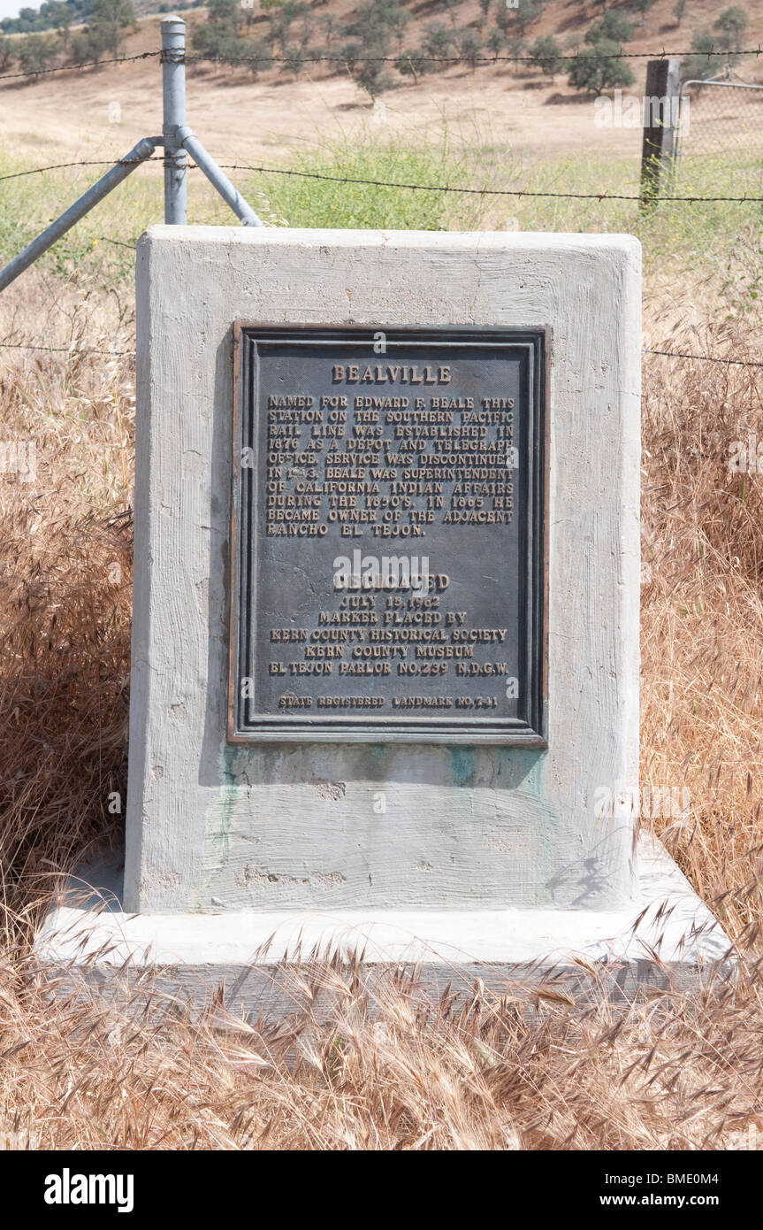 Historic marker for Bealville (Bealeville). a ghost town near Ft. Tejon Ranch, Tehachapi pass east of Bakersfield, CA Stock Photo