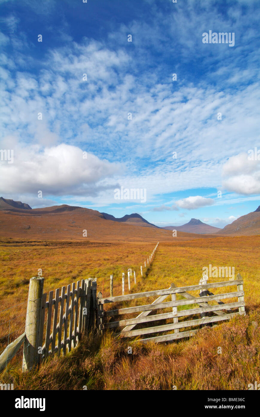 Gate in field showing Stac Pollaidh Inverpolly Nature reserve Sutherland North West Scotland UK Stock Photo