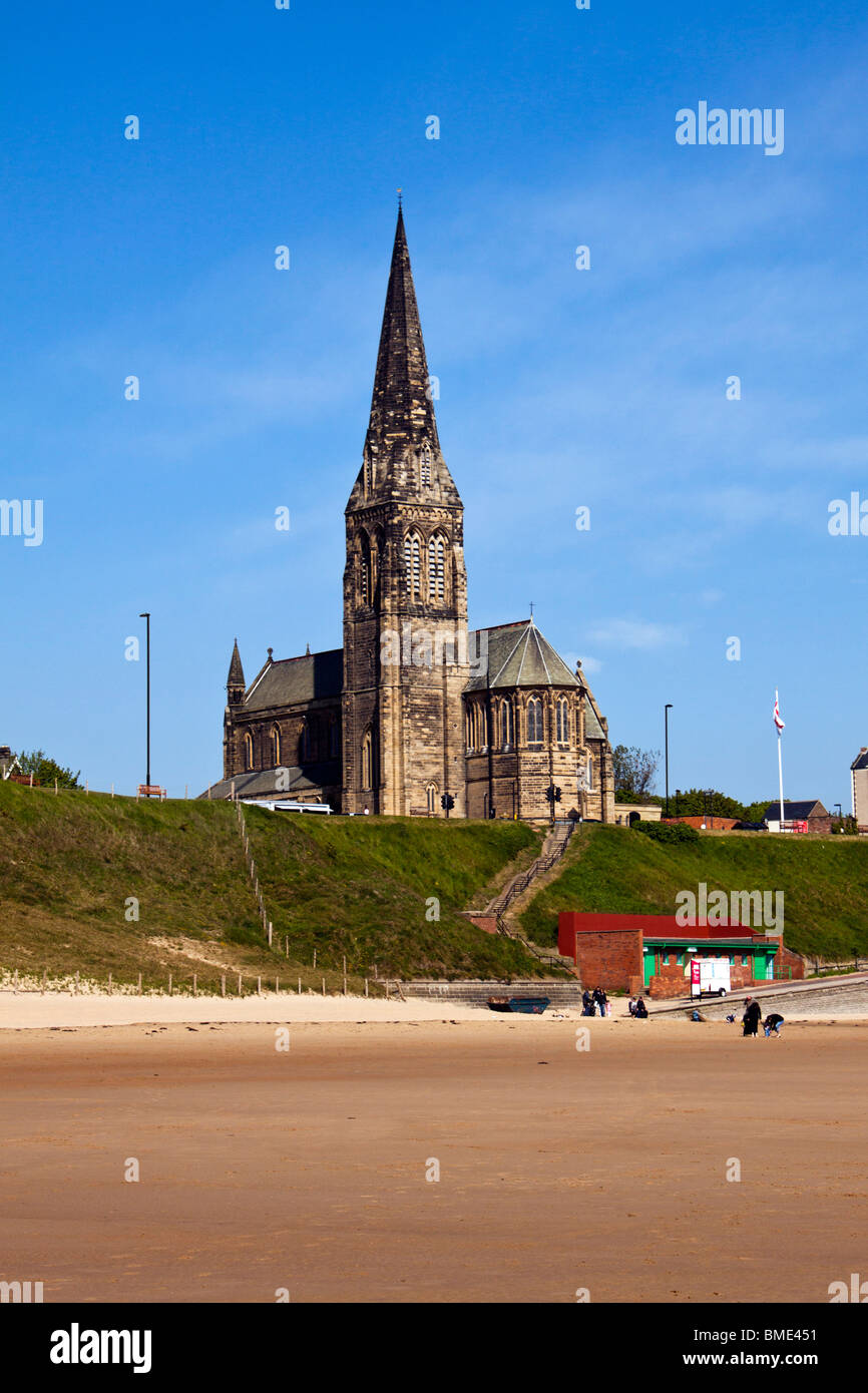 St Georges church overlooking Tynemouth Beach on the North East coast of England Stock Photo